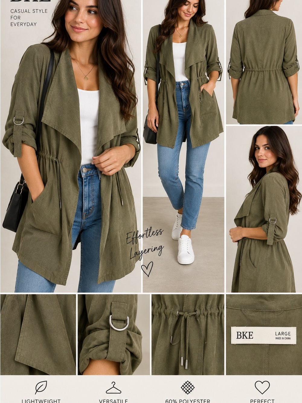 BKE Olive Green Drawstring Trench Jacket